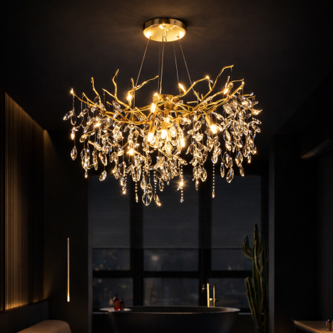 Candelabre LED Cristal Moderne - Candelabru Cristal WALTZ Rhapsody, 6x G9, Auriu, 45cm, Inaltime Reglabila, Metal si Cristal