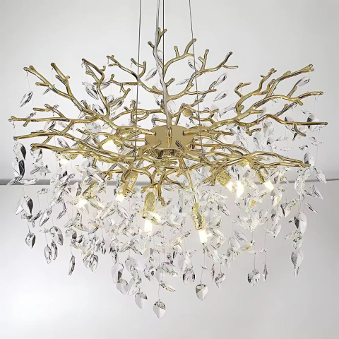 Candelabre LED Cristal Moderne - Candelabru Cristal WALTZ Rhapsody, 6xG9, Auriu, Diametru 45cm, Inaltime Reglabila