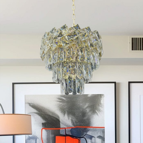 Lampi, Aplice si Corpuri de iluminat Smart - Candelabru Cristal WINDSOR Petito 3xE14, Diametru 29cm, Auriu Lucios, Inaltime Reglabila, Metal si Cristal