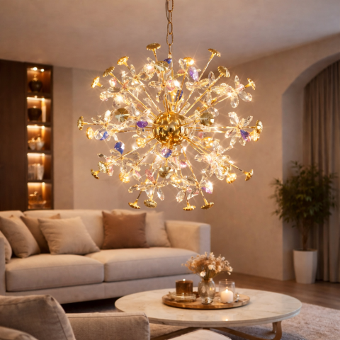 Candelabre LED Cristal Moderne - Candelabru Cristal CC372/500GD, 24xG4, Auriu si Cristale , 52cm, Inaltime Reglabila