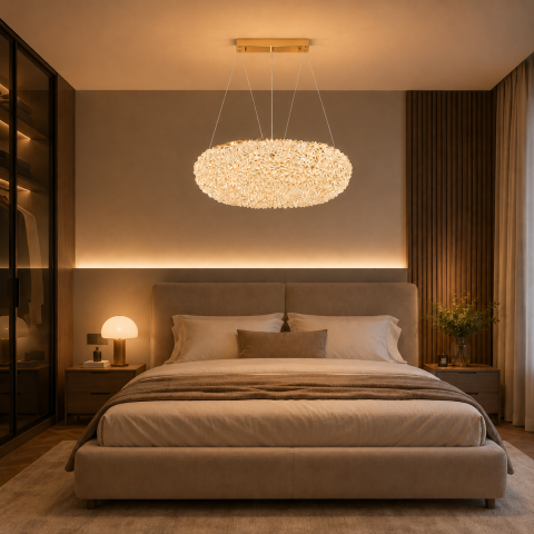 Iluminat Smart Home - Candelabru Modern cu Cristal, Telecomanda, PRUGU, 42W, Lumina Calda/Neutra/Rece, Lungime 35 cm, Auriu, Inaltime reglabila