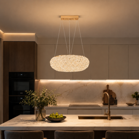 Candelabru Modern cu Cristal, Telecomanda, PRUGU, 42W, Lumina Calda/Neutra/Rece, Lungime 35 cm, Auriu, Inaltime reglabila [2]