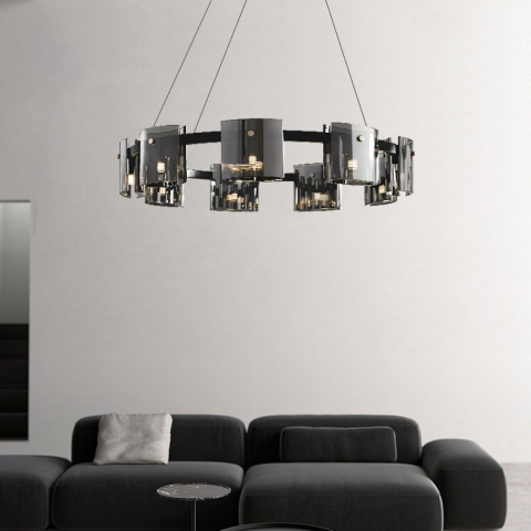 Candelabru Modern, Valmontreux Largo, 8xG9, Diametru 80cm, Negru si Cristale Cenusii, Inaltime Reglabila, Metal si Cristal [2]