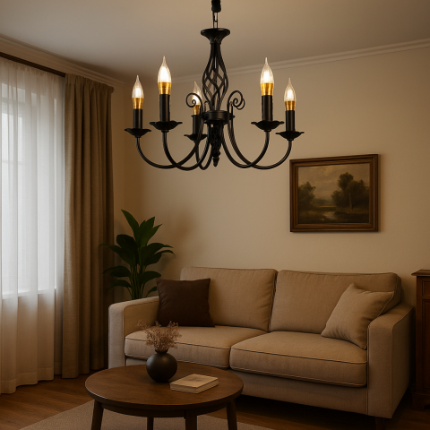 Iluminat Smart Home - Candelabru Perla, 5xE14, 49x37cm, Negru, Inaltime Reglabila
