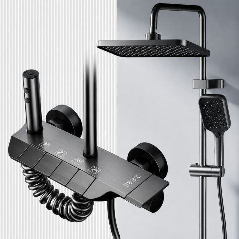Produse Alessandro - Coloana de dus ATID, Metal, Para Patrata, Efect Ploaie, 3 Functii, Montare Pe Perete, Negru, Accesorii Incluse