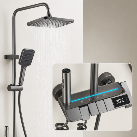 Produse Alessandro - Coloana de dus MELLON, Metal, Para Patrata, Efect Ploaie, 3 Functii, Montare Pe Perete, Negru, Accesorii Incluse