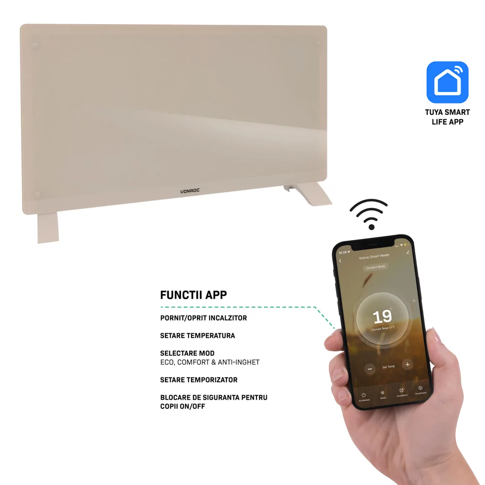 Convector electric de lux, 2000W, Panou de sticla, WiFi- control Aplicatie, Alb/Gri/Bej/Negru [16]