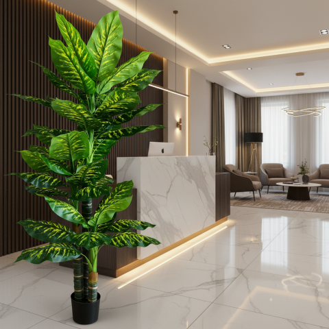 Curte si Gradina- Solutii Smart pentru Exterior - Decoratiune Dieffenbachia, 3 tulpini, Plastic, 190 cm, Verde