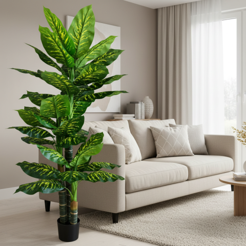 Decoratiune Dieffenbachia, 3 tulpini, Plastic, 190 cm, Verde [2]
