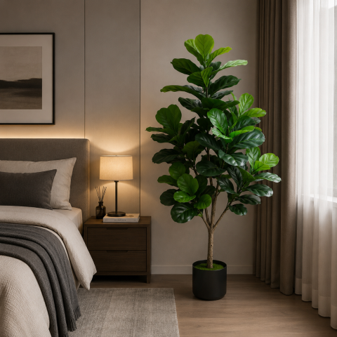 Curte si Gradina- Solutii Smart pentru Exterior - Decoratiune Ficus Lyrata, Plastic, 3 brate, 160 cm, Verde