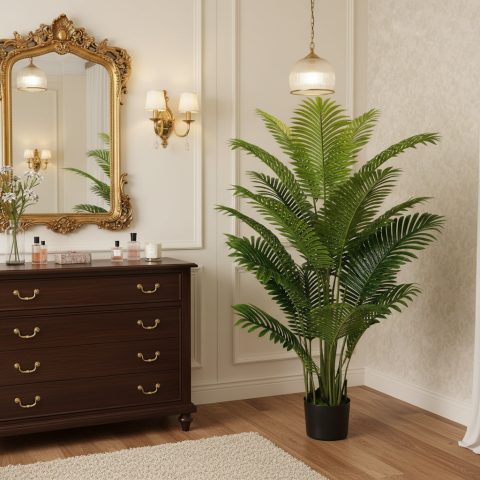 Curte si Gradina- Solutii Smart pentru Exterior - Decoratiune Palmier Areca, Plastic, 15 frunze, 150 cm, Verde