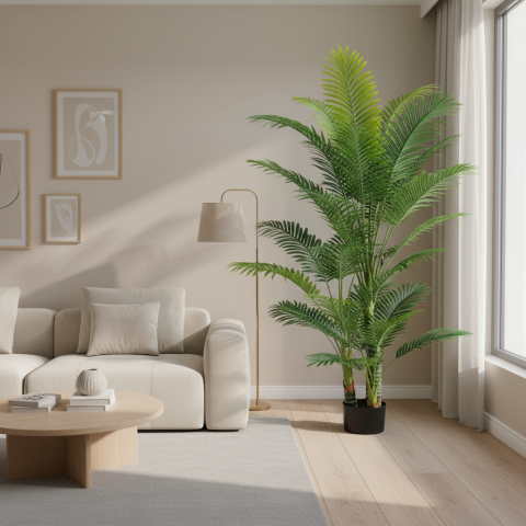 Curte si Gradina- Solutii Smart pentru Exterior - Decoratiune Palmier Kentia, 3 tulpini, Plastic, 17 frunze, 220 cm, Verde