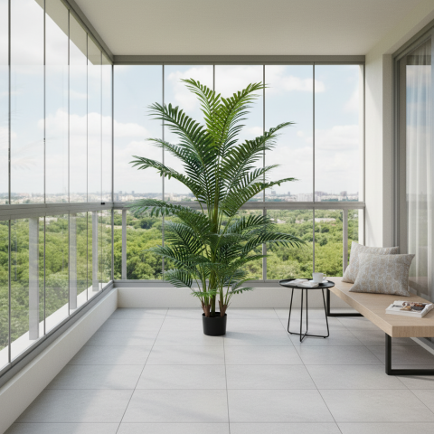 Curte si Gradina- Solutii Smart pentru Exterior - Decoratiune Palmier Kentia, 3 tulpini, Plastic, 30 frunze, 190 cm, Verde
