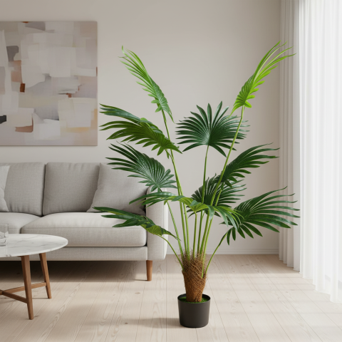 Curte si Gradina- Solutii Smart pentru Exterior - Decoratiune Palmier Livistona Evantai, 10 frunze, Plastic, 160 cm, Verde