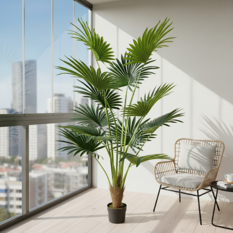 Decoratiune Palmier Livistona Evantai, 12 frunze, Plastic, 180 cm, Verde [2]