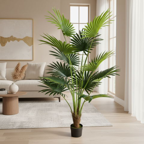 Curte si Gradina- Solutii Smart pentru Exterior - Decoratiune Palmier Livistona Evantai, 12 frunze, Plastic, 180 cm, Verde