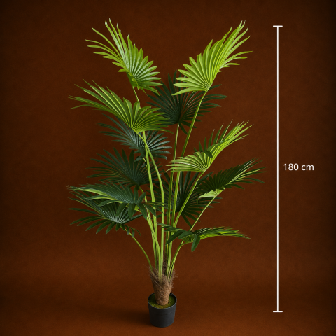 Decoratiune Palmier Livistona Evantai, 12 frunze, Plastic, 180 cm, Verde [3]