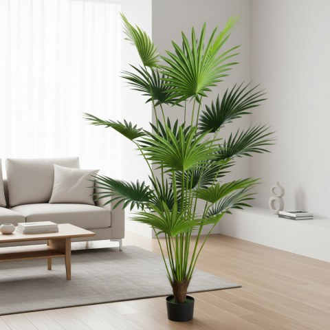 Decoratiune Palmier Livistona Evantai, 15 frunze, Plastic, 200 cm, Verde [1]