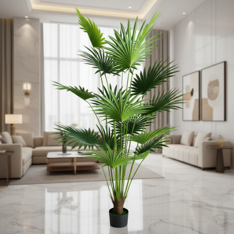Decoratiune Palmier Livistona Evantai, 15 frunze, Plastic, 200 cm, Verde [2]