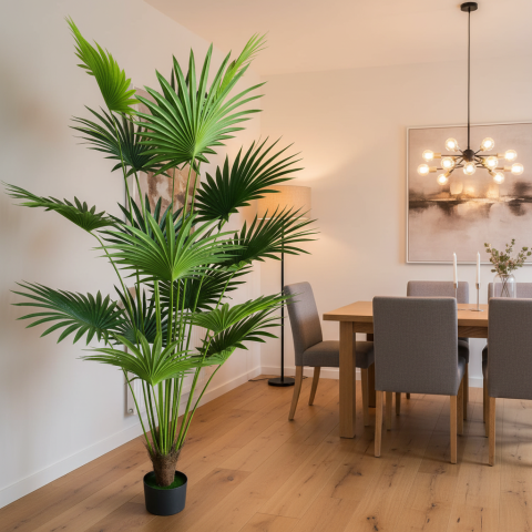 Curte si Gradina- Solutii Smart pentru Exterior - Decoratiune Palmier Livistona Evantai, 15 frunze, Plastic, 200 cm, Verde