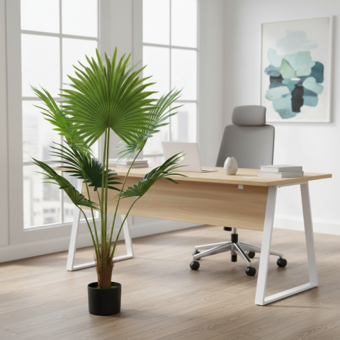 Curte si Gradina- Solutii Smart pentru Exterior - Decoratiune Palmier Livistona Evantai, 5 frunze, Plastic, 120 cm, Verde