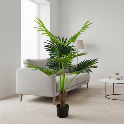 Decoratiune Palmier Livistona Evantai, 7 frunze, Plastic, 140 cm, Verde [2]