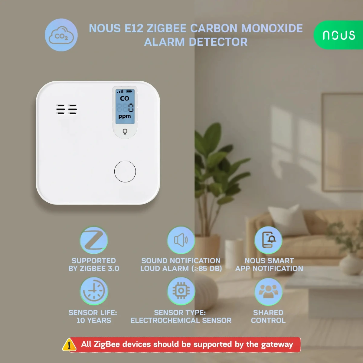 Detector Smart Monoxid de Carbon NOUS E12 Zigbee, Senzor Electrochimic, Alarma ≥85 dB, Monitorizare CO (ppm), Zigbee 3.0, Montaj pe perete [1]