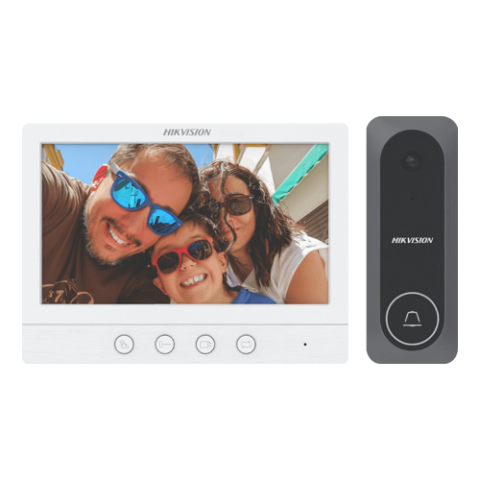 Securitate si Supraveghere Smart - Kit videointerfon analogic, ecran 7 inch, conectare 4 fire pentru 1 familie, IR – Hikvision DS-KIS212