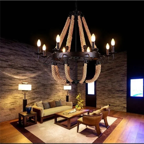 Lustre LED Moderne - Lustra Circulara, 8*E14, Negru, Metal si Sfoara
