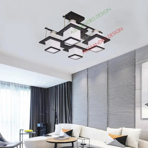 Lustra Clasica Aramis cu lemn, Abajur Patrat, 4 X Dulie E27, Alb / Negru [2]