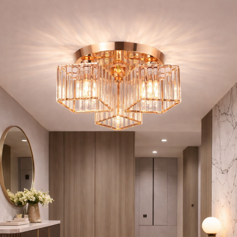 Lustre LED Moderne - Lustra Clasica Moderna Sasha, LC117/3GD, 3x E27, Metal si Cristal, Auriu, Abajur