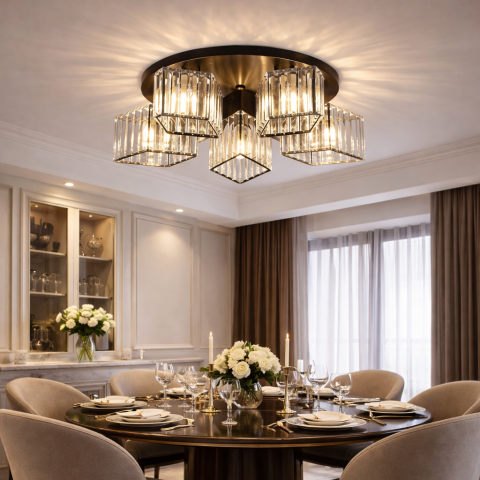 Lustre LED Moderne - Lustra Clasica Moderna Sasha, LC117/5BK, 5x E27, Metal si Cristal, Negru, Abajur