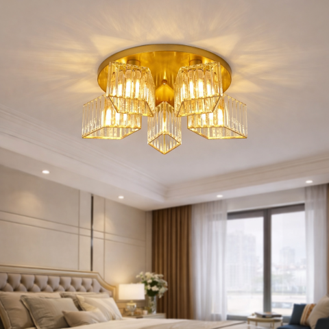 Lustra Clasica Moderna Sasha, LC117/5GD, 5x E27, Metal si Cristal, Auriu, Abajur [2]