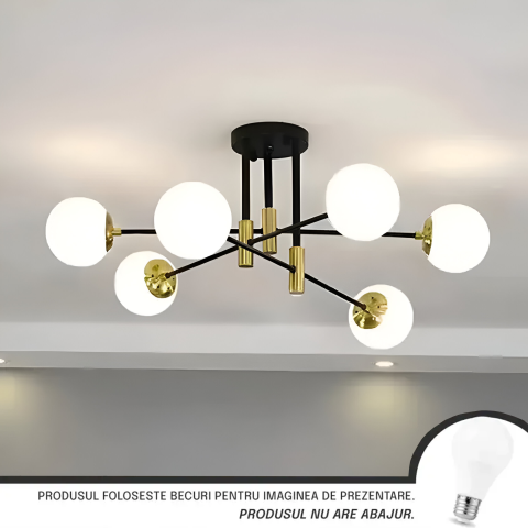 Lustra cu Glob Alb Rotund, PENTHOUSE Lounge, 6xE27, Negru / Auriu, Metal [1]