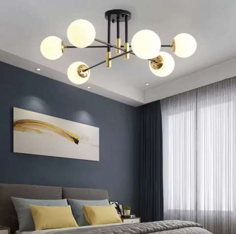 Lampi, Aplice si Corpuri de iluminat Smart - Lustra cu Glob Alb Rotund, PENTHOUSE Lounge, 6xE27, Negru / Auriu, Metal
