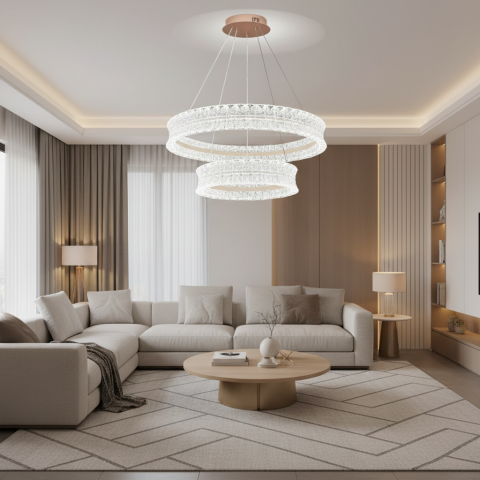 Lustre LED Moderne - Lustra LED Cristal cu telecomanda, 118W, Lumina Calda/Neutra/Rece, Φ60 cm, Inaltime Reglabila, Metal si Cristal, Auriu