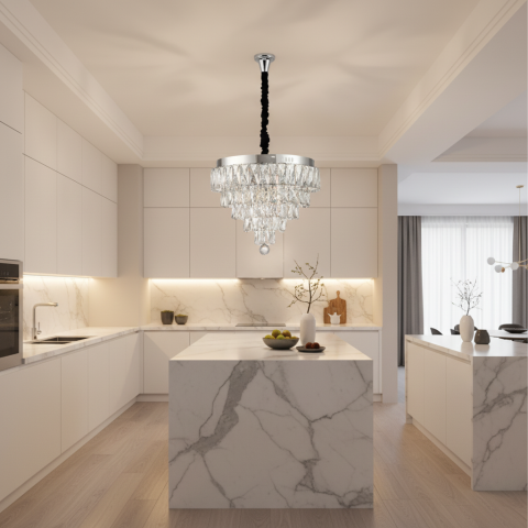 Lustra LED Cristal RIGO cu telecomanda Nobile Diametru 39cm, Crom Lucios, Inaltime Reglabila, Metal si Cristal [1]