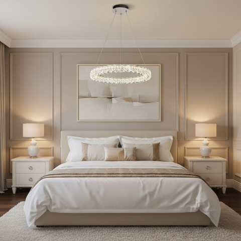 Produse Alessandro - Lustra LED Cristal VENTANA cu telecomanda, 25W, Lumina Calda/Neutra/Rece, Φ39 cm, Inaltime Reglabila, Metal si Cristal, Auriu