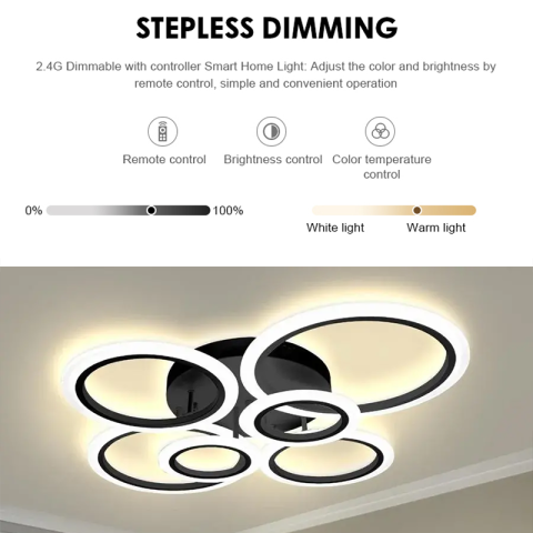 Lustra LED cu telecomanda BETTY 82W, 6 Cercuri, lumina Rece/Calda/Neutra, Dimabila, Negru [2]