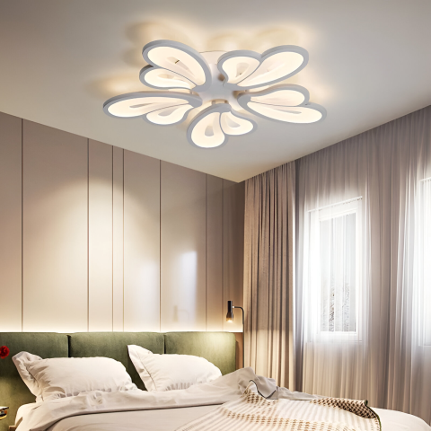 Lustre LED Moderne - Lustra LED cu telecomanda BLOSSOM 95W, 5 Petale, lumina Rece/Calda/Neutra 3000K/4000K/6000K, Dimabila, Alb, Metal si Acril