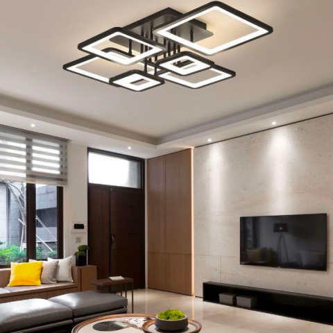 Iluminat Smart Home - Lustra LED cu telecomanda ELLA 120W, 6 Patrate, lumina Rece/Calda/Neutra, Dimabila, Negru, Metal si Acril