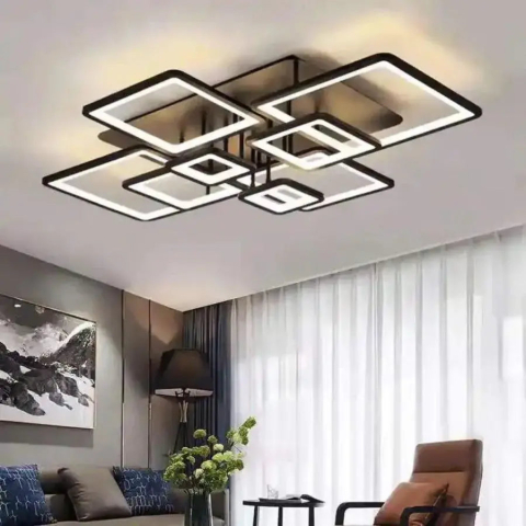 Lustra LED cu telecomanda ELLA 186W, 8 Patrate, lumina Rece/Calda/Neutra, Dimabila, Negru [1]