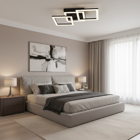 Iluminat Smart Home - Lustra LED cu telecomanda GEO 43W, 3 Patrate, lumina Rece/Calda/Neutra, Dimabila, Metal si Acril, Negru