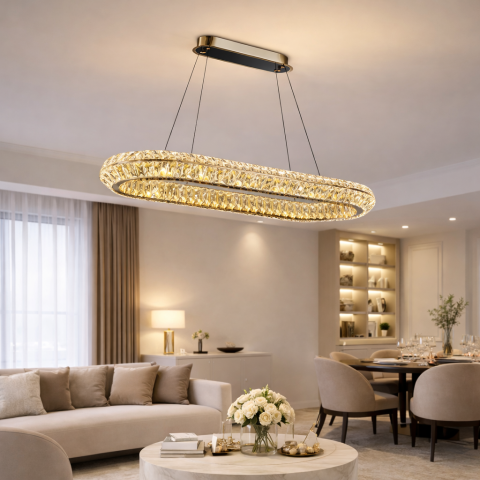 Lustre LED Moderne - Lustra LED cu Telecomanda, LLC132/900X300GD, Cristal si Metal, 39W, 1 Cerc, Dimabila, Inaltime Reglabila, Lumina Rece/Calda/Neutra, Iluminat Luxos