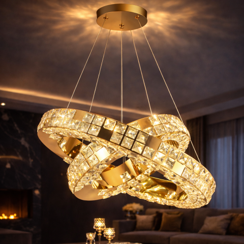 Produse Alessandro - Lustra LED cu Telecomanda, LLC135/2GD, Cristal si Metal, 55W, 2 Cerc, Dimabila, Inaltime Reglabila, Lumina Rece/Calda/Neutra 3000K/4000K/6000K, Iluminat Luxos