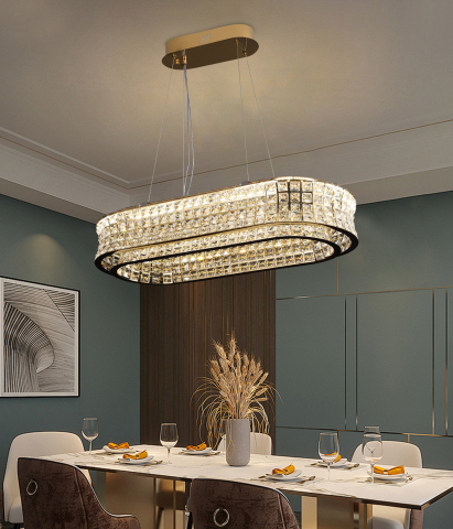 Lustra LED cu Telecomanda, LLC160/750X350GD, Cristal si Metal, 71W, Dimabila, Inaltime Reglabila, Lumina Rece/Calda/Neutra, Iluminat Luxos [2]