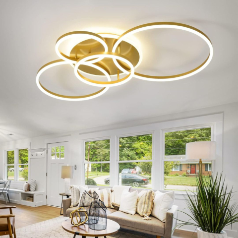 Lampi, Aplice si Corpuri de iluminat Smart - Lustra LED cu Telecomanda RINOVA, 4 cercuri, 112W, Lumina Calda/Rece/Neutra, Dimabila, Auriu