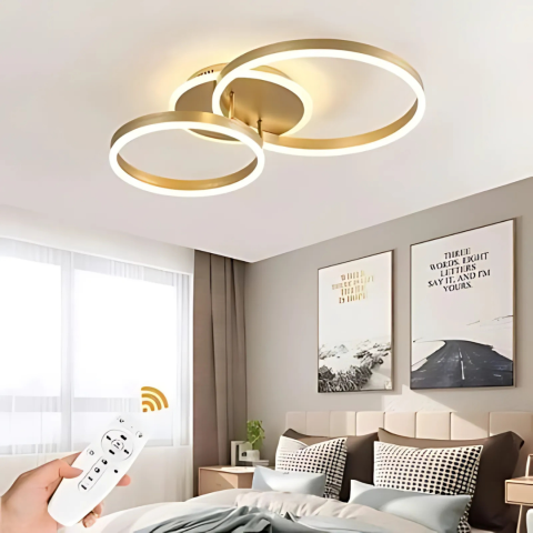 Lustre LED Moderne - Lustra LED cu telecomanda RINOVA 66W, 2 Cercuri, lumina Rece/Calda/Neutra, Dimabila, Auriu Lucios