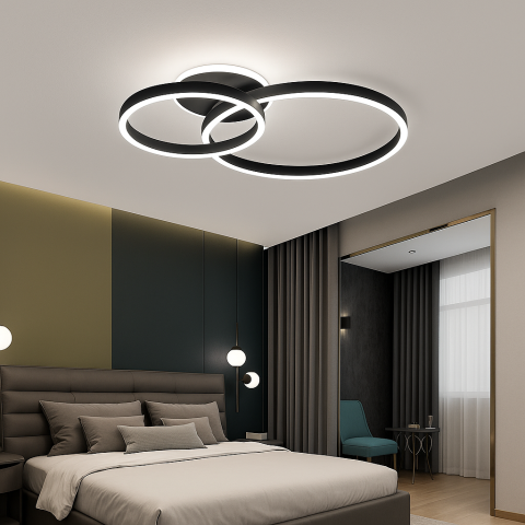 Lustre LED Moderne - Lustra LED cu telecomanda RINOVA 66W, 2 Cercuri, lumina Rece/Calda/Neutra, Dimabila, Negru