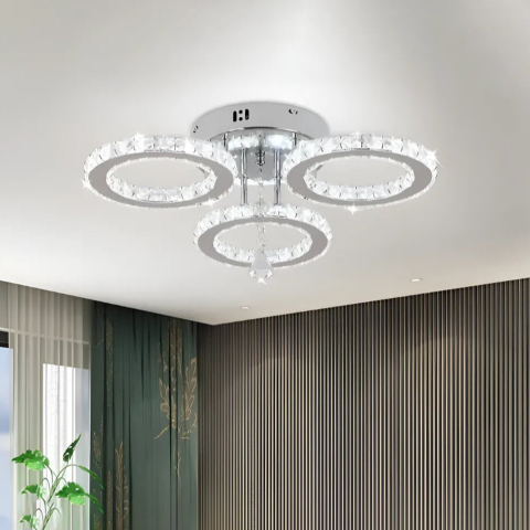 Lustre LED Moderne - Lustra LED cu telecomanda si cristal ALANUBIS 40W, 3 Cercuri, lumina Rece/Calda/Neutra, Dimabila, Crom Lucios
